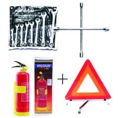 Fire Extinguisher + Wheel Spanner + 8 Pieces Flat & Ring Spanner + C-caution Sign.